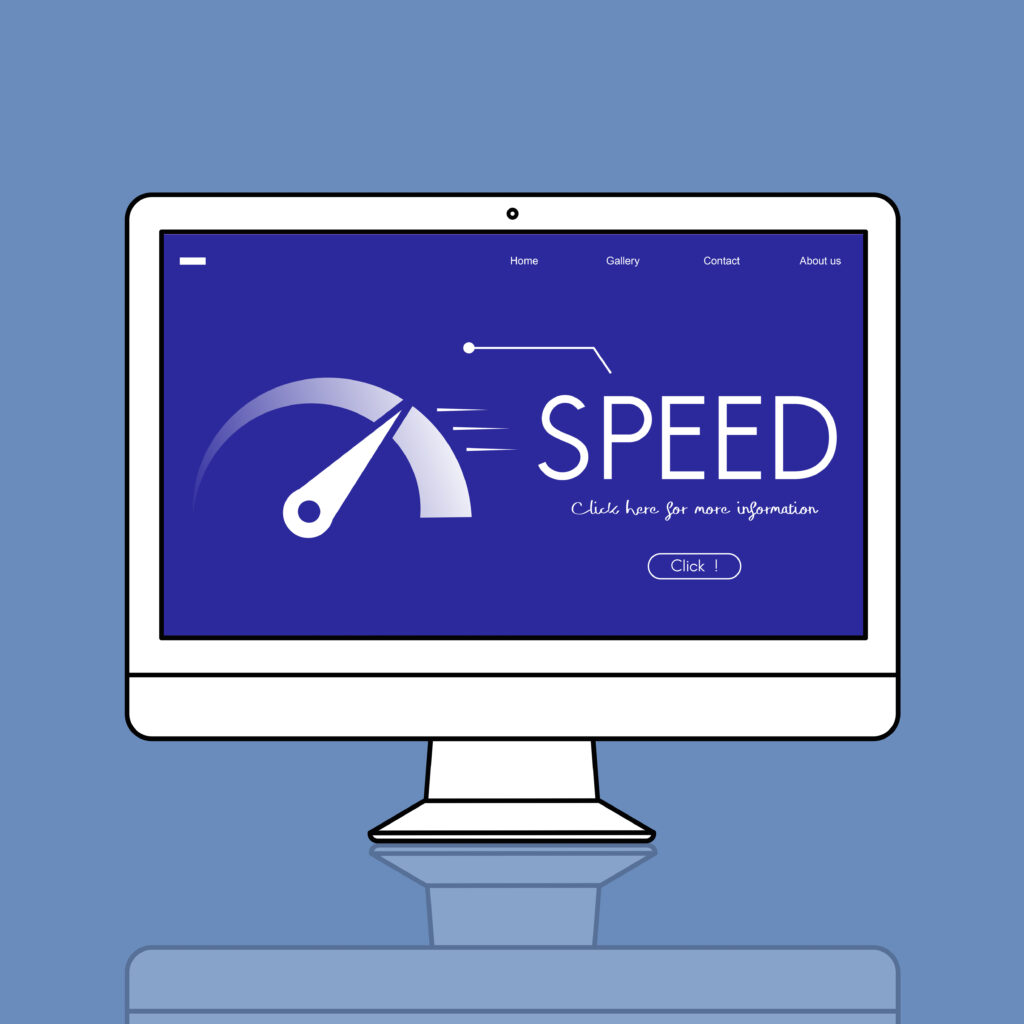 A speedometer-style graphic with a website loading bar to represent website speed optimization.