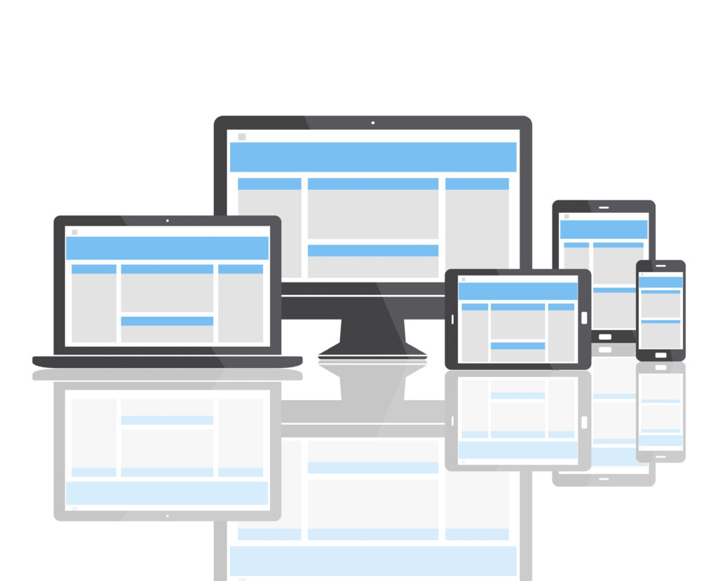 A website being accessed on multiple devices (desktop, tablet, mobile).