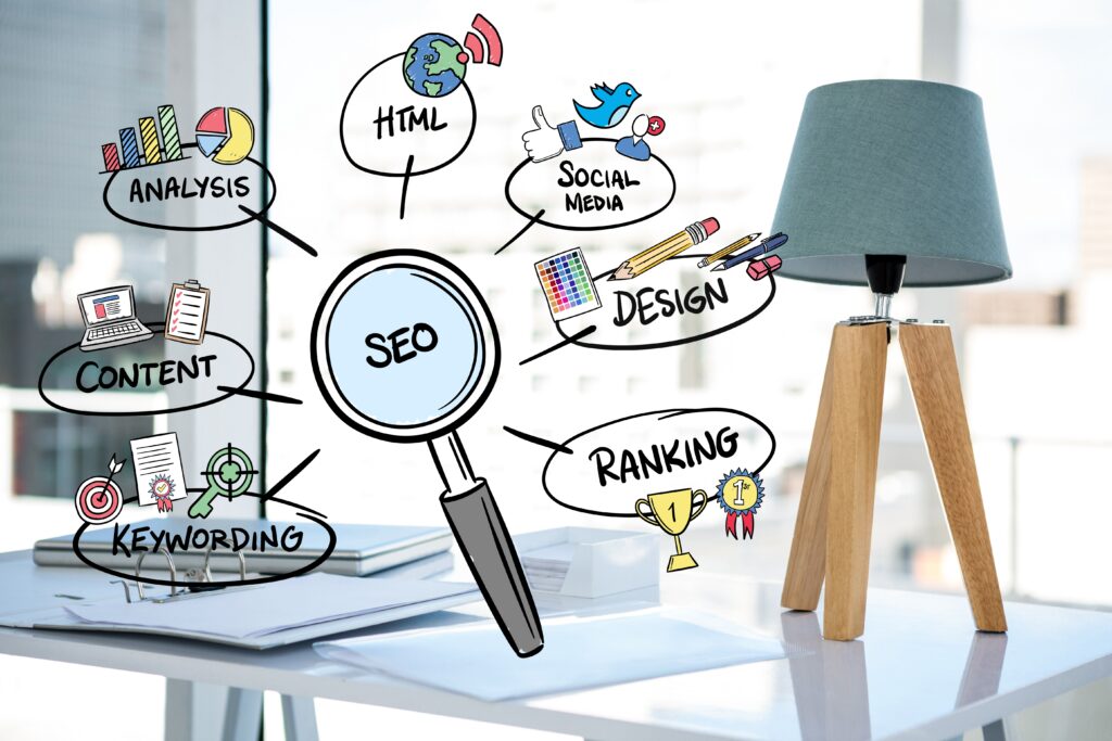 A digital marketing strategy concept with SEO, content creation, and analytics.