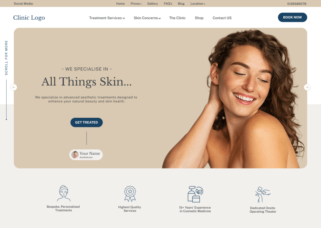 one-page website for aesthetic clinic