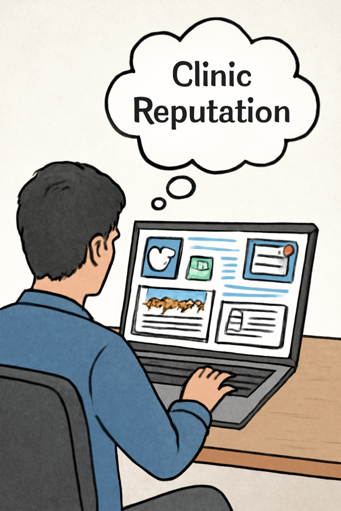 Monitoring online reputation management for clinics across platforms.