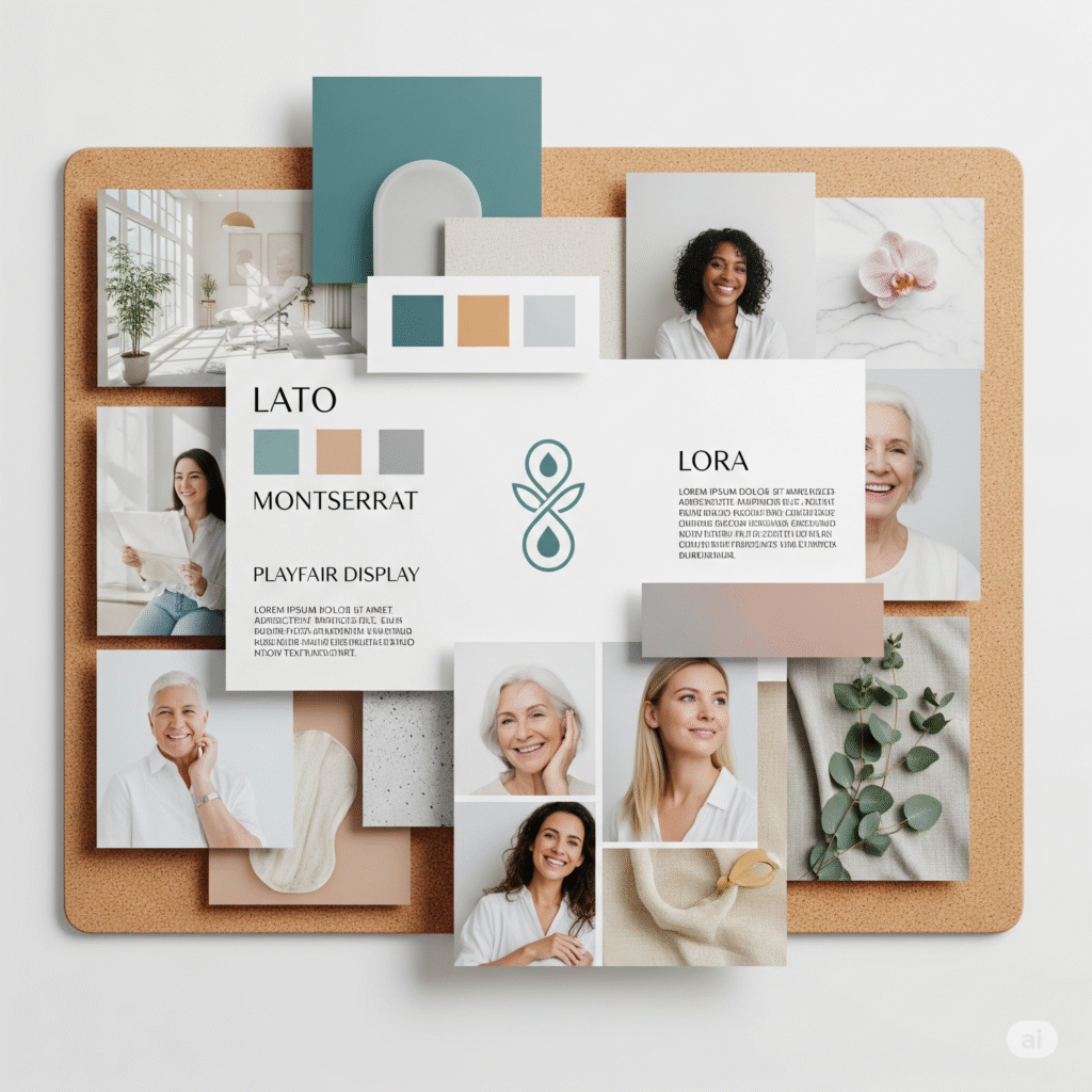 A mood board defining the brand identity for a clinic in web design.